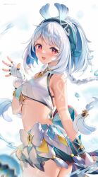 1girl :d absurdres back_bow bare_shoulders bike_shorts blue_bow blue_hair blue_hairband body_markings bow bracelet braid breasts commentary_request cowboy_shot fingerless_gloves genshin_impact gloves guzangnanfeng hairband hand_up highres jewelry light_blue_hair long_hair looking_at_viewer low_twin_braids mualani_(genshin_impact) multicolored_hair open_mouth red_eyes skirt smile solo twin_braids water white_gloves white_hair white_skirt