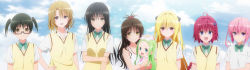 10s 6+girls :/ :d age_difference ahoge anime_screenshot bare_shoulders black-framed_eyewear blonde_hair blue_eyes blush blush_stickers bow bowtie braid brown_hair buttons carrying celine_(to_love-ru) child cloud curly_hair day expressionless flat_chest flower glasses gradient_background green_hair hair_between_eyes hair_bobbles hair_flower hair_intakes hair_ornament half_updo hand_on_own_hip happy highres konjiki_no_yami kotegawa_yui kurosaki_mea light_smile long_hair long_image looking_at_viewer momioka_risa multiple_girls nana_asta_deviluke open_mouth outdoors parted_bangs pink_eyes pink_hair purple_eyes red_eyes red_hair sawada_mio school_uniform semi-rimless_eyewear shirt short_sleeves short_twintails side_braid sky smile stitched sweater_vest tank_top third-party_edit to_love-ru to_love-ru_darkness twintails two_side_up under-rim_eyewear upper_body very_long_hair wide_image yellow_eyes yuuki_mikan
