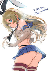 Rule 34 | 1girl, ass, back, bare shoulders, black neckerchief, black panties, blonde hair, blue eyes, blue sailor collar, blue skirt, blush, commentary, elbow gloves, from behind, fujii rino, gloves, hair ribbon, hairband, highleg, highleg panties, highres, horizontal-striped thighhighs, kantai collection, long hair, looking at viewer, looking back, microskirt, neckerchief, panties, pleated skirt, ribbon, sailor collar, shimakaze (kancolle), skirt, solo, striped clothes, striped thighhighs, thighhighs, thong, tongue, tongue out, underwear, upskirt, white gloves