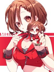 Rule 34 | 2girls, :d, :o, bare shoulders, blush, breasts, brown eyes, brown hair, character name, cleavage, commentary request, crop top, cropped jacket, double-parted bangs, dual persona, hair between eyes, highres, holding, holding mini person, jacket, kaho 0102, large breasts, looking at viewer, meiko (vocaloid), meiko (vocaloid3), midriff, mini person, minigirl, multiple girls, nail polish, open mouth, red background, red jacket, red nails, short hair, sleeveless, sleeveless jacket, smile, two-tone background, vocaloid, white background, wrist cuffs