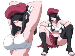 arms_behind_head black_hair breasts crop_top eyepatch fingerless_gloves gloves han_juri hat highres medium_hair midriff nasu_(ilo_a5) official_alternate_costume purple_eyes red_hat red_skirt seiza sitting skirt street_fighter street_fighter_v