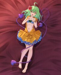 1girl absurdres ahoge bead_bracelet beads bikini blue_skirt bracelet breasts cleavage closed_eyes double_finger_heart finger_heart flower full_body green_eyes green_hair hair_flower hair_ornament heart highres jewelry komeiji_koishi komeiji_koishi_(the_excited_eyes_of_love) layered_skirt looking_at_viewer lying medium_breasts midriff mikotouca on_back plaid_bikini plaid_clothes shadow skirt solo starfish swimsuit third_eye touhou variant_set yellow_skirt