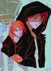 Rule 34 | 1boy, akatsuki uniform, black jacket, closed mouth, collarbone, commentary request, highres, hood, hood up, hooded jacket, jacket, korean commentary, male focus, multiple views, naruto (series), naruto shippuuden, open clothes, open jacket, parted bangs, parted lips, red eyes, red hair, robe, sanpaku, sasori (naruto), syag 2, teeth, two-sided robe, wide-eyed