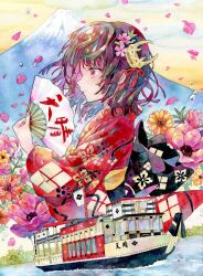 Rule 34 | 1girl, absurdres, black hair, commentary, falling petals, flag, floral print, flower, folding fan, from side, green hair, hair flower, hair ornament, hand fan, hand fan writing, hand up, highres, holding, holding fan, japanese clothes, kimono, lake, leaf, medium hair, mount fuji, mountain, multicolored hair, nail polish, orange flower, original, painting (medium), paper fan, petals, pink eyes, pink flower, pink hair, pink nails, pink petals, poppy (flower), profile, promotional art, real world location, red kimono, ship, solo, tassel, tassel hair ornament, traditional media, water drop, watercolor (medium), watercraft, window, yellow flower, yukoring