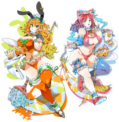 2girls animal_ear_hairband animal_ears bow breasts broom candy cat_ear_hairband cat_ears choker cleavage cleavage_cutout clothing_cutout cup curvy electric_plug fake_animal_ears food frilled_choker frilled_hairband frilled_thigh_strap frills full_body gradient_hair green_bow green_eyes hairband half-closed_eyes hands_up holding holding_tray kafun looking_at_viewer mop multicolored_hair multiple_girls navel open_mouth orange_hair original pink_hair pink_shoes purple_hair rabbit_ear_hairband rabbit_ears shoes teacup teapot thigh_strap thighhighs tray white_background