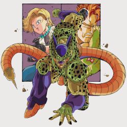 1girl 2boys android android_16 android_18 battle_damage bead_necklace beads black_gloves black_nails blonde_hair blue_eyes blue_pants cell_(dragon_ball) clenched_teeth colored_skin debris dragon_ball dragonball_z earrings full_body gloves green_skin hand_on_ground highres hoop_earrings jewelry lips looking_at_viewer male_focus mohawk multicolored_skin multiple_boys muscular muscular_male necklace no_nose oharu2000 one_eye_closed open_clothes open_mouth open_vest orange_hair pants red_eyes red_ribbon_army semi-perfect_cell simple_background stinger superhero_landing sweat tail teeth vest