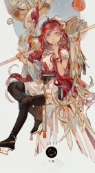 1girl 2017 ahoge animal animal_on_shoulder steamed_bun belt bird bird_on_shoulder bird_tail black_hairband black_thighhighs blue_eyes bow chicken chinese_zodiac circle commentary dated_commentary detached_sleeves dress dumpling food full_body geta grey_background grey_sleeves hair_bow hairband holding holding_polearm holding_weapon hong_(hong11117) jiaozi long_hair long_sleeves looking_at_viewer open_belt original over_shoulder polearm red_hair rooster short_dress short_sleeves simple_background single_detached_sleeve sitting solo tail tengu-geta thighhighs weapon weapon_over_shoulder white_belt white_bow white_dress white_footwear white_sleeves wide_sleeves year_of_the_rooster