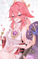 2girls absurdres animal_ears bare_shoulders breasts bridal_gauntlets commentary dango detached_sleeves earrings food fox_ears fox_girl genshin_impact hair_between_eyes hair_ornament highres holding holding_food jewelry large_breasts long_hair multiple_girls nyamo-lv0 open_mouth pink_hair purple_eyes purple_hair raiden_shogun shirt sleeveless sleeveless_shirt symbol-only_commentary twitter_username wagashi white_shirt yae_miko