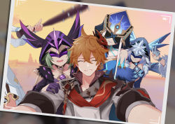 1boy 4girls absurdres baseball_bat cicin_mage_(genshin_impact) club_(weapon) cryo_cicin_mage_(genshin_impact) dress electro_cicin_mage_(genshin_impact) eye_mask fur_trim genshin_impact gloves green_hair highres holding holding_weapon hood lipstick looking_at_viewer lumine_(genshin_impact) makeup mask mask_on_head mirror_maiden_(genshin_impact) multiple_girls nail nail_(hardware) nail_bat ocean outstretched_arms photo_(object) red_scarf scarf selfie sky smile tartaglia_(genshin_impact) v vambraces weapon white_dress white_hair