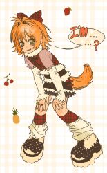 blush cherry dog_tail eyelashes food fruit green_eyes highres jewelry kiyari0628 kneehighs leg_warmers long_sleeves orange_eyes orange_hair orange_tail original pineapple plaid_background puffy_short_sleeves puffy_sleeves ring see-through_clothes see-through_sleeves shoes short_sleeves shorts sidelocks smile socks solo speech_bubble tail