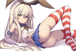 1girl animal_ears ass back bare_shoulders black_hairband black_neckerchief black_panties black_ribbon blonde_hair blue_sailor_collar blue_skirt blush breasts buttons commentary_request creek_(moon-sky) cropped_shirt double-breasted elbow_gloves expressionless from_side gloves hair_between_eyes hairband highleg highleg_panties highres kantai_collection knee_up legs legs_apart long_hair looking_at_viewer microskirt neckerchief open_mouth panties pleated_skirt rabbit_ears ribbon sailor_collar school_uniform serafuku shimakaze_(kancolle) shirt skirt sleeveless sleeveless_shirt small_breasts solo striped_clothes striped_thighhighs thighhighs thighs underwear upshirt very_long_hair white_gloves yellow_eyes