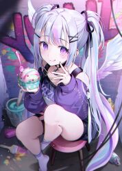 1girl :q absurdres ayatsuno_yuni bare_shoulders black_choker black_shorts choker closed_mouth cross-shaped_pupils food graffiti hair_ornament hair_ribbon hairclip highres holding holding_food holding_ice_cream ice_cream ika_(4801055) knee_up long_hair long_sleeves looking_at_viewer multicolored_hair puffy_long_sleeves puffy_sleeves purple_eyes purple_shirt ribbon shirt shorts sitting smile socks solo stellive stool streaked_hair symbol-shaped_pupils tail thigh_strap thighs tongue tongue_out twintails very_long_hair virtual_youtuber white_hair white_socks wings