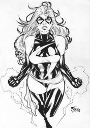 1girl artist_request ass bare_shoulders black_gloves black_thighhighs breasts breasts_apart carol_danvers clenched_hands clenched_teeth cowboy_shot curvy domino_mask elbow_gloves female_focus flying gloves groin halterneck highleg highleg_leotard highres hip_bones hip_focus huge_ass impossible_clothes large_breasts leotard lightning_bolt_symbol lips long_hair looking_up marvel mask monochrome ms._marvel ms._marvel_(series) scan solo superhero_costume teeth thigh_gap thighhighs turtleneck wide_hips