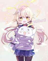 Rule 34 | 1girl, :d, bag, black pantyhose, blonde hair, blue archive, blue sailor collar, blue skirt, character bag, character name, commentary request, falling feathers, feathers, floating hair, frilled skirt, frills, hair between eyes, hair ornament, halo, heart, hifumi (blue archive), highres, light blush, long hair, looking at viewer, low twintails, nero (moca), notice lines, open mouth, pantyhose, peroro (blue archive), pink background, pleated skirt, sailor collar, shoulder bag, sidelocks, skirt, smile, solo, sweater, twintails, white bag, white sweater, wing hair ornament, yellow eyes, yellow halo