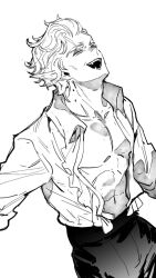 1boy abs astarion atmt666 baldur&#039;s_gate baldur&#039;s_gate_3 bite_mark closed_eyes dungeons_&amp;_dragons dungeons_&amp;_dragons fangs greyscale highres laughing male_focus monochrome open_clothes open_mouth open_shirt short_hair solo upper_body vampire white_background