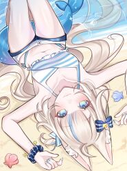 1girl :3 absurdres ahoge animal_ears beach bikini blonde_hair blue_bikini blue_bow blue_eyes blue_hair blue_nails bow breasts cat_ears closed_mouth fins fish_girl fish_tail hair_bow highres indie_virtual_youtuber long_hair lying multicolored_hair nail_polish on_back one_side_up rosheil sameko_saba sand seashell shell short_shorts shorts small_breasts smile solo streaked_hair striped_bikini striped_clothes swimsuit tail very_long_hair virtual_youtuber water white_shorts
