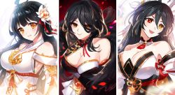1girl ahoge apsara_(elsword) ara_haan asymmetrical_clothes bare_shoulders black_dress black_hair braid breasts choker cleavage closed_mouth commentary_request detached_sleeves devi_(elsword) dress elsword eyes_visible_through_hair fangs fangs_out feather_boa flower fur_trim hair_between_eyes hair_flower hair_ornament heterochromia highres jewelry korean_commentary large_breasts lips long_hair looking_at_viewer makeup multicolored_clothes multicolored_hair multiple_persona open_mouth parted_lips red_eyes shakti_(elsword) side_slit sideboob smile sssss2222 symbol-shaped_pupils teeth two-tone_hair very_long_hair white_dress white_hair yellow_eyes