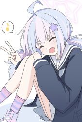 1girl :d ahoge blue_archive blue_hair blue_jacket blue_neckerchief blue_shirt blush closed_eyes commentary_request eighth_note foot_out_of_frame grey_skirt hair_bobbles hair_ornament halo hayoo_ww highres jacket knees_up low_twintails miniskirt multicolored_hair musical_note neckerchief open_mouth pink_hair pink_halo pink_shoes pink_socks pleated_skirt purple_socks reisa_(blue_archive) sailor_collar shadow shirt shoes sidelocks simple_background sitting skirt smile socks solo speech_bubble spoken_musical_note star_(symbol) star_hair_ornament streaked_hair striped_clothes striped_socks twintails v white_background white_sailor_collar
