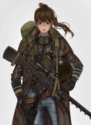 1girl ammunition_belt backpack bag black_gloves blonde_hair bobblehead brown_hair cigarette denim duffel_bag duster fallout fallout:_new_vegas gas_mask gloves grass grey_eyes gun helmet highres jeans kkghost_tv knife mask ncr_veteran_ranger new_california_republic pants ponytail rifle simple_background sniper_rifle solo tree vambraces weapon white_background