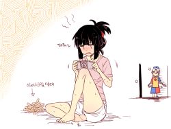 2girls 6_(yuchae) anger_vein apron barefoot casual folded_ponytail handheld_game_console houraisan_kaguya kitchen_knife knife korean_text ladle multiple_girls neet popsicle_stick shirt short_hair shorts simple_background sitting solo_focus sweat t-shirt t_t touhou translated yagokoro_eirin