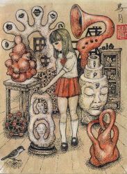 1girl animal bird black_eyes black_hair black_shoes blush fractal_underground_studio kneehighs lipstick_mark long_hair mary_janes neck_ribbon original puffy_sleeves red_ribbon red_skirt ribbon school_uniform shelf shirt shoes short_sleeves skirt socks standing statue traditional_media white_shirt white_socks