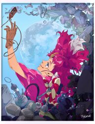 Rule 34 | 1boy, appare-ranman!, artist name, blue eyes, brown gloves, gloves, hair ornament, highres, icytwaine, japanese clothes, junk, kimono, male focus, moon, multicolored hair, omamori, outdoors, pink hair, pink kimono, solo, sorano appare, streaked hair, two-tone hair, white hair, wrench