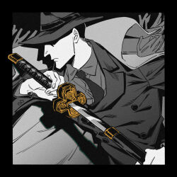 1boy bogard_(one_piece) closed_mouth coat coat_on_shoulders collared_shirt commentary formal_clothes greyscale hat highres holding holding_sword holding_weapon male_focus monochrome necktie one_piece sheath shirt solo spot_color suit suuso_mii sword unsheathing upper_body weapon