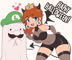 ._. 1boy 1girl :d bare_shoulders bat_wings blue_eyes blush breasts brown_hair cleavage cremanata crown demon_costume demon_girl demon_horns demon_tail elbow_gloves english_text facial_hair ghost_costume gloves green_headwear halloween halloween_costume happy_halloween hat heart highres horns luigi mario_(series) medium_breasts mustache nintendo open_mouth princess_daisy smile super_mario_bros._1 super_mario_land tail thighhighs wings