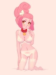 Rule 34 | 1girl, ankama, bra, breasts, collar, dofus, garter belt, garter straps, kempferzero, lingerie, lou (dofus), ouginak, panties, pink hair, underwear, wakfu, yellow eyes