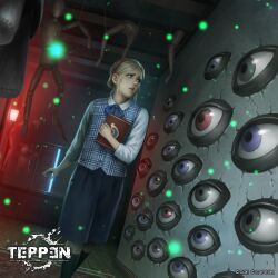 1girl blonde_hair blue_eyes book child eyes_on_wall headband highres horror_(theme) kuroiwa_enu official_art remake resident_evil resident_evil_2 resident_evil_2_(remake) scared school_uniform sherry_birkin skirt socks teppen
