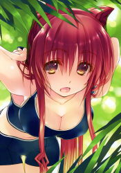 Rule 34 | 1girl, :o, absurdres, amazuyu tatsuki, bare shoulders, breasts, brown eyes, cleavage, collarbone, covered erect nipples, day, female focus, highres, kousaka tamaki, large breasts, looking at viewer, midriff, navel, official art, outdoors, red hair, scan, shiny skin, shorts, sidelocks, sleeveless, solo, tank top, to heart (series), to heart 2