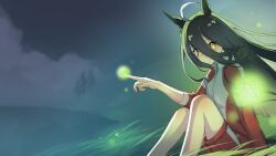 Rule 34 | 1girl, :/, ahoge, animal ears, blush, dev grater, ear tag, earrings, fireflies, hair between eyes, hand up, highres, horse ears, horse girl, index finger raised, jacket, jewelry, knee up, long bangs, long hair, long hair between eyes, long sleeves, manhattan cafe (umamusume), multicolored hair, on grass, red jacket, red shorts, shorts, single earring, sleeves rolled up, solo, umamusume, variant set, very long hair, white hair