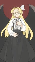 1girl bat_wings black_skirt blonde_hair blood blood_from_mouth blood_on_clothes bolos bow_hairband center_frills feet_out_of_frame fingernails frilled_shirt frills hairband highres kurumi_(touhou) long_hair pointy_ears sharp_fingernails sharp_teeth shirt skirt solo suspender_skirt suspenders teeth touhou vampire white_shirt wings yellow_eyes