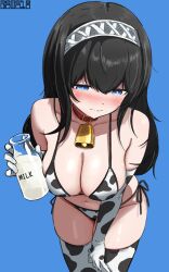 Rule 34 | 1girl, animal print, argyle clothes, argyle hairband, bare shoulders, bell, bikini, black hair, blue eyes, blush, bottle, breasts, choker, cleavage, collarbone, cow print, cow print bikini, cow print gloves, cow print thighhighs, elbow gloves, gloves, hair between eyes, highres, holding, holding bottle, idolmaster, idolmaster cinderella girls, koitusmile, large breasts, long hair, milk bottle, neck bell, print bikini, print gloves, print thighhighs, sagisawa fumika, side-tie bikini bottom, solo, swimsuit, thighhighs