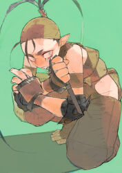 Rule 34 | 1girl, ankle wrap, black hair, commentary, drooling, highres, hip vent, holding, holding weapon, ibuki (street fighter), long hair, mouth drool, ninja, pointy ears, ponytail, short eyebrows, single tear, solo, street fighter, toeless footwear, umezawa michiko, weapon