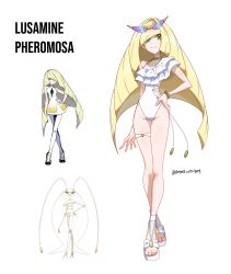 1girl absurdres adapted_costume antennae asymmetrical_clothes bare_arms blonde_hair bracelet bug casual_one-piece_swimsuit choker commentary contrapposto crossed_legs dress english_commentary english_text eyewear_on_head fingernails frilled_one-piece_swimsuit frills full_body game_freak gem gen_7_pokemon gold_choker green_eyes green_gemstone hair_over_one_eye hand_on_own_hip highres jewelry leggings long_hair lusamine_(pokemon) multicolored_hair nintendo official_art_inset one-piece_swimsuit pheromosa pokemon pokemon_(creature) pokemon_sm rhymewithray sandals sarong see-through_clothes see-through_sarong shoes sleeveless smile solo standing streaked_hair sunglasses swimsuit tachi-e thigh_strap twitter_username ultra_beast very_long_hair watson_cross white_background white_dress white_one-piece_swimsuit wide_hips
