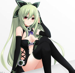 10s 1girl bare_shoulders blush breasts choujigen_game_neptune_mk2 cleavage detached_collar dress elbow_gloves female_focus gloves green_hair hair_ribbon hakozaki_chika keenh legs long_hair looking_at_viewer medium_breasts neptune_(series) ponytail red_eyes ribbon sitting smile solo thighhighs