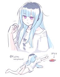 1girl 2koma alternate_costume amemiya_darumi barefoot black_hair blue_hair blunt_bangs closed_mouth comic ear_piercing earrings face_piercing feet female_focus frown full_body hair_down hand_up japanese_text jewelry lip_piercing long_hair mei_guchuan multicolored_hair piercing pink_eyes shirt short_sleeves snack solo solo_focus the_hundred_line_-last_defense_academy- white_shirt