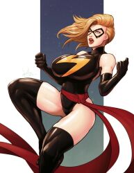 1girl black_boots black_gloves black_leotard black_mask blonde_hair blue_eyes boots breasts carol_danvers devilhs domino_mask elbow_gloves gloves highres huge_breasts leotard lipstick long_hair makeup marvel mask ms._marvel open_mouth red_lips red_sash sash solo thigh_boots waist_sash
