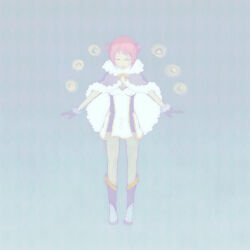 1girl a-pose boots cape closed_eyes closed_mouth double_bun dress energy_ball expressionless full_body fur-trimmed_gloves fur_cape fur_trim gloves grey_background grey_boots grey_dress grey_gloves hair_bun high_wizard_(ragnarok_online) mimi_(caramel-candy) pink_hair ragnarok_online short_dress short_hair simple_background solo standing two-tone_dress white_dress