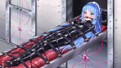 Rule 34 | 1girl, absurdres, arms at sides, bdsm, blue eyes, blue hair, blush, breasts, collar, commentary request, flying sweatdrops, gag, highres, immobilization, large breasts, latex, leno^a^, lock, long hair, lying, maid headdress, nervous, on back, original, padlock, padlocked collar, shiny clothes, sleepsack, variant set, very long hair, wiffle gag, zipper