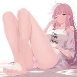 1girl absurdres alternate_costume bare_legs barefoot half-closed_eye hand_on_own_cheek hand_on_own_face hand_on_own_stomach highres hololive hololive_english long_hair messy_hair mori_calliope no_pants off-shoulder_shirt off_shoulder one_eye_closed panties pink_hair pink_panties print_shirt reclining red_eyes shirt single_bare_shoulder solo t-shirt takokatsu underwear very_long_hair virtual_youtuber white_shirt