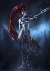 1girl armlet armor barefoot bikini blue_eyes blue_lips breasts captdiablo cleavage commentary dark dark_eldar dark_elf elf english_commentary eye_tattoo full_body helmet highres holding holding_polearm holding_weapon hot jewelry lelith_hesperax lips long_hair pale_skin pauldrons pile_of_skulls pointy_ears polearm ponytail red_hair shoulder_armor sidelocks single_pauldron skull solo spear spiked_armor spiked_legwear swimsuit thighhighs toe_ring vambraces very_long_hair warhammer_40k warrior weapon