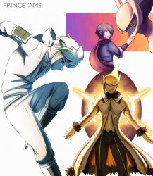 Rule 34 | 3boys, arceus, bandana, bandana over mouth, beni (pokemon), blonde hair, collarbone, cosplay, cynthia (arc suit) (pokemon), cynthia (pokemon), cynthia (pokemon) (cosplay), galaxy expedition team survey corps uniform, gen 4 pokemon, hair over one eye, halo, highres, legendary pokemon, male focus, multiple boys, mythical pokemon, nintendo, official alternate costume, pokemon, pokemon (creature), pokemon legends: arceus, pokemon masters ex, princeyam, red scarf, rei (pokemon), scarf, white hair, yellow halo