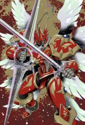 1boy armor digimon digimon_(creature) dukemon_crimson_mode feathered_wings foot_out_of_frame highres holding holding_sword holding_weapon knight looking_at_viewer mas_square multiple_wings red_armor see-through_clothes solo sword weapon white_wings wings yellow_eyes