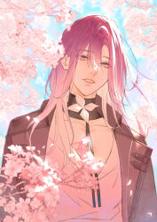 1girl black_coat black_ribbon black_scarf blue_sky branch breasts cherry_blossoms cleavage coat coat_on_shoulders collarbone collared_coat collared_shirt day eyelashes falling_petals flower gradient_hair hair_between_eyes highres lapels light_particles lipstick looking_at_viewer makeup multicolored_hair neck_flower neck_ribbon notched_lapels outdoors parted_lips path_to_nowhere petals pink_eyes pink_flower pink_hair pink_lips ribbon scarf shalom_(path_to_nowhere) shirt sky solo spring_(season) teeth toho10min upper_body white_flower white_hair white_shirt