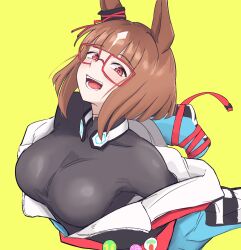 1girl animal_ears aqua_coat black_shirt breasts brown_hair coat commentary_request cropped_torso ear_ornament glasses gloves headphones headphones_around_neck highres horse_ears horse_girl large_breasts light_blush looking_at_viewer miya_nns35 open_clothes open_coat open_mouth red_eyes shirt short_hair simple_background smile solo transcend_(umamusume) umamusume upper_body yellow_background