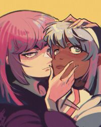 1boy 1girl absurdres dark-skinned_male dark_skin gundam gundam_zz hair_behind_ear haman_karn highres in-franchise_crossover loran_cehack pilot pink_hair purple_eyes short_hair smile spacesuit turn_a_gundam very_dark_skin winonaparadise zeta_gundam