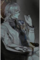 1boy cigarette coat commentary commission dardan_21 double_halo earrings english_commentary feathered_wings from_side gloves gold_earrings gold_halo grey_hair hair_between_eyes halo head_wings highres holding holding_cigarette honkai:_star_rail honkai_(series) jewelry looking_ahead male_focus medium_hair sitting solo spiked_halo sunday_(honkai:_star_rail) white_coat white_gloves wings wolf_cut