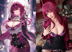 1girl adapted_costume alternate_breast_size alternate_hair_length alternate_hairstyle arms_behind_head arms_up art_vs_artist asian background_request black_jacket black_shorts black_skirt blurry blurry_background blush bra breasts bug butterfly cleavage collared_shirt commentary_request cosplay_photo cowboy_shot earrings eyewear_on_head floral_print glasses hair_between_eyes half-closed_eyes high-waist_shorts highres honkai:_star_rail honkai_(series) insect jacket jacket_on_shoulders jewelry kafka_(honkai:_star_rail) lace lace-trimmed_bra lace_trim large_breasts light_particles lingerie long_hair looking_at_viewer machi_(machi0910) open_clothes open_shirt paid_reward_available panties pantyhose pantyhose_under_shorts photo_(medium) pince-nez purple_bra purple_butterfly purple_eyes purple_hair purple_jacket purple_panties purple_pantyhose round_eyewear shirt shorts skirt smile solo stomach sunglasses sweat underwear variant_set wet white_shirt
